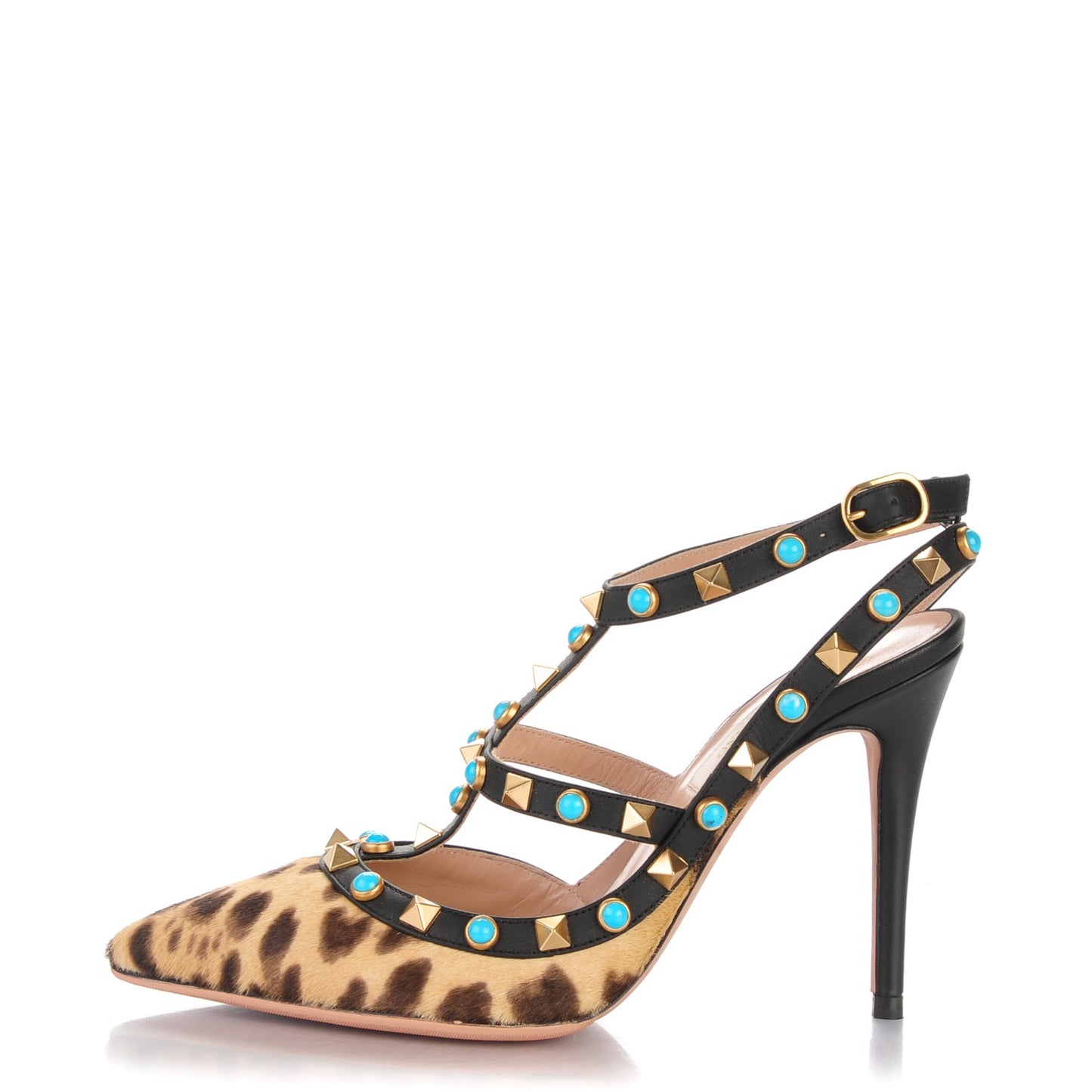 Calf Hair Leopard Print Rockstud Rolling Ankle Strap Pumps 35 Champagne Testa di Moro