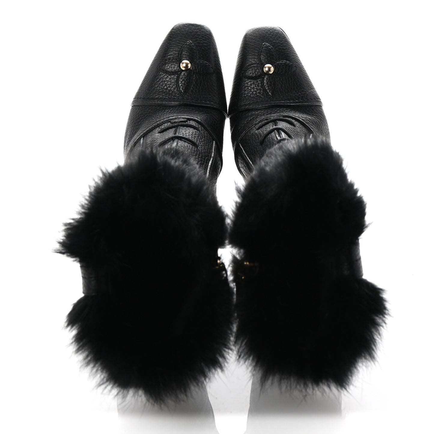 Grained Calfskin Fur Platform Ankle Boots 37.5 Black