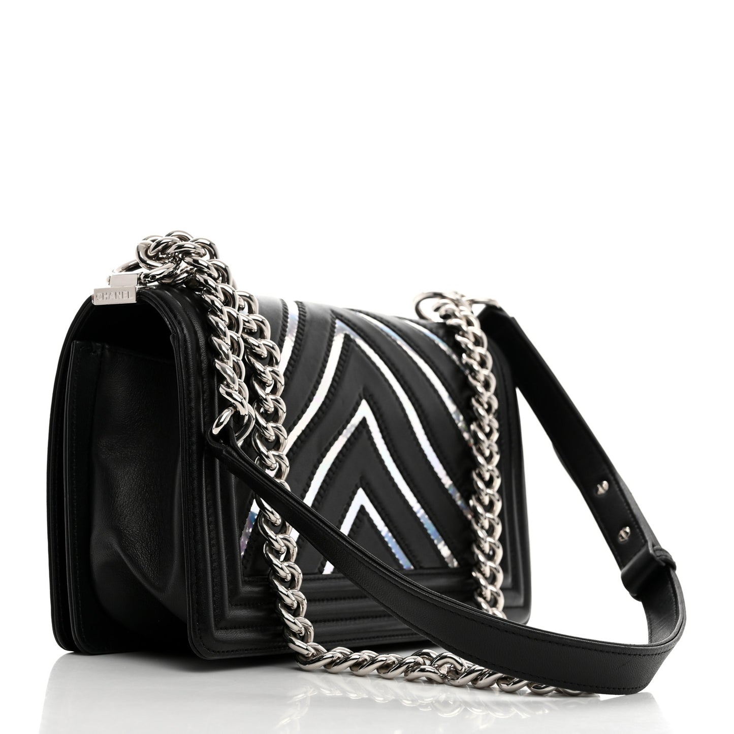 Lambskin Iridescent PVC Chevron Quilted Medium Boy Flap Black Silver