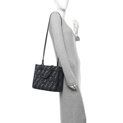 Fendi Chenille Vitello Grace FF Embroidered Small Fendi Sunshine Shopper Tote Dark Blue Grey 2 of 13