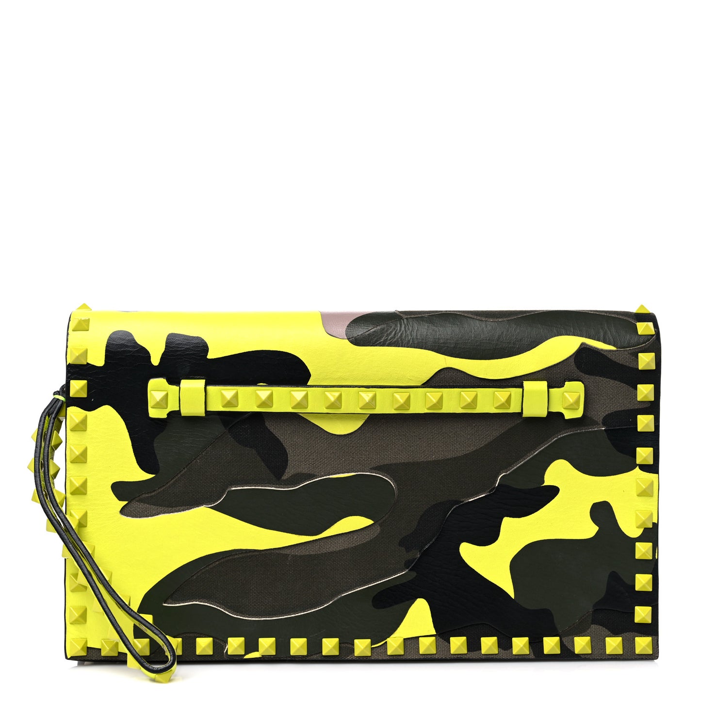 Nappa Canvas Camouflage Rockstud Wristlet Clutch Yellow Fluo Green