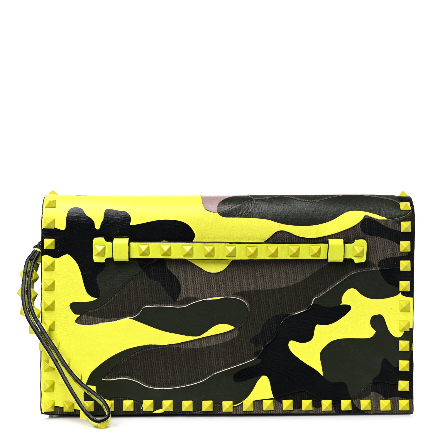 Valentino Garavani Nappa Canvas Camouflage Rockstud Wristlet Clutch Yellow Fluo Green 1 of 15