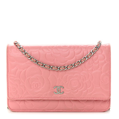 Chanel Lambskin Camellia Embossed Wallet On Chain WOC Pink 1 of 18