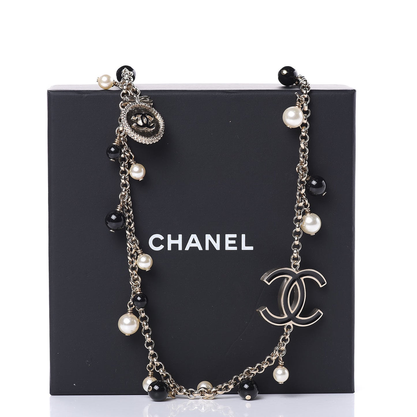 Pearl Beaded Enamel CC Coco Long Necklace Black Gold