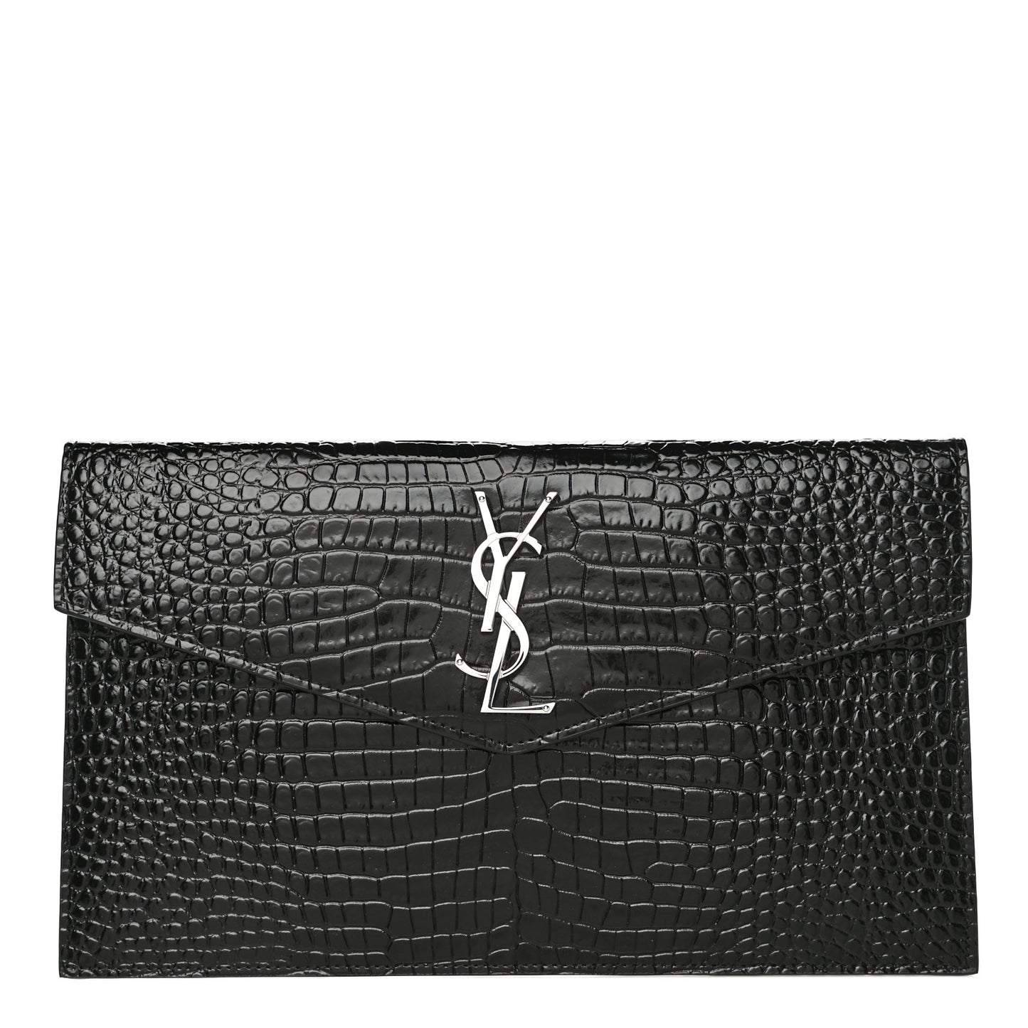Calfskin Crocodile Embossed Uptown Monogram Clutch Black