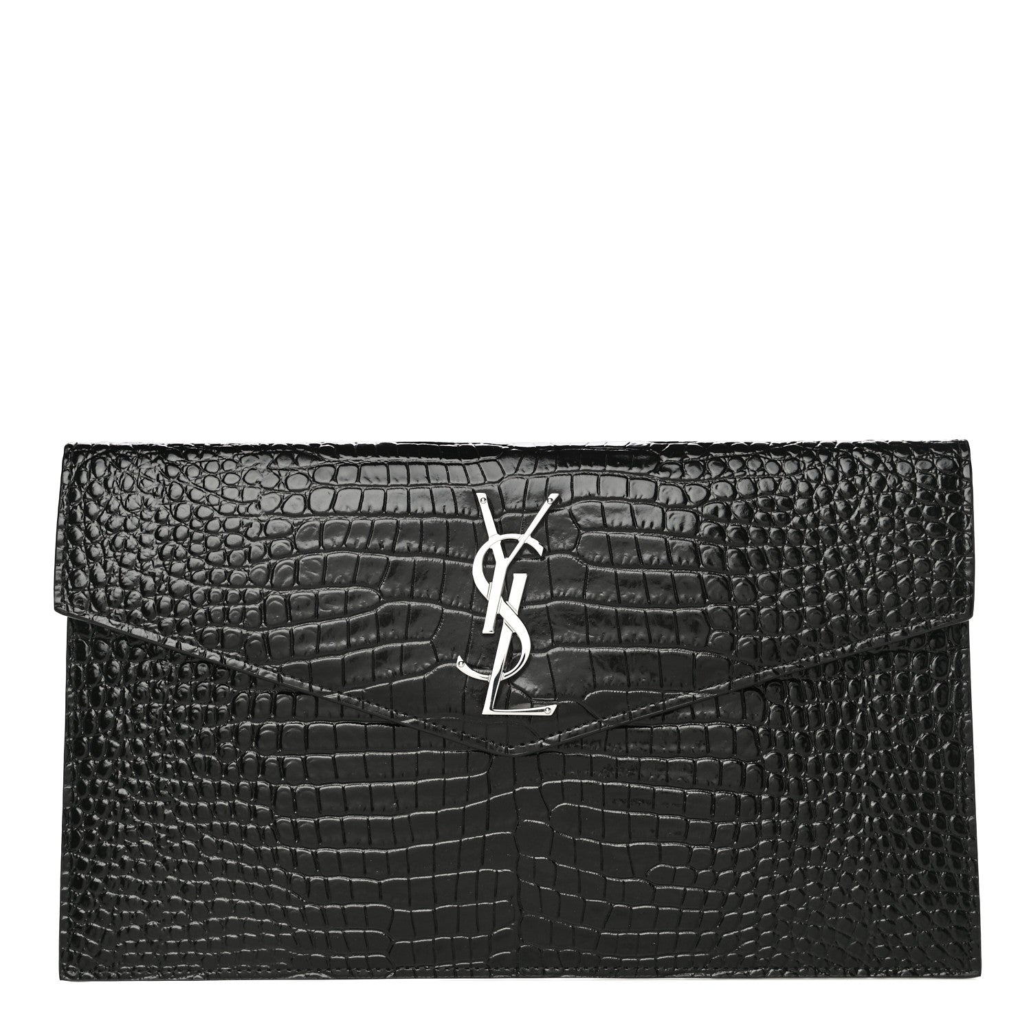 Saint Laurent Calfskin Crocodile Embossed Uptown Monogram Clutch Black 1 of 11