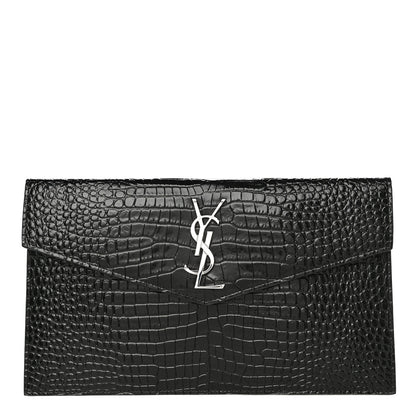 Saint Laurent Calfskin Crocodile Embossed Uptown Monogram Clutch Black 1 of 11