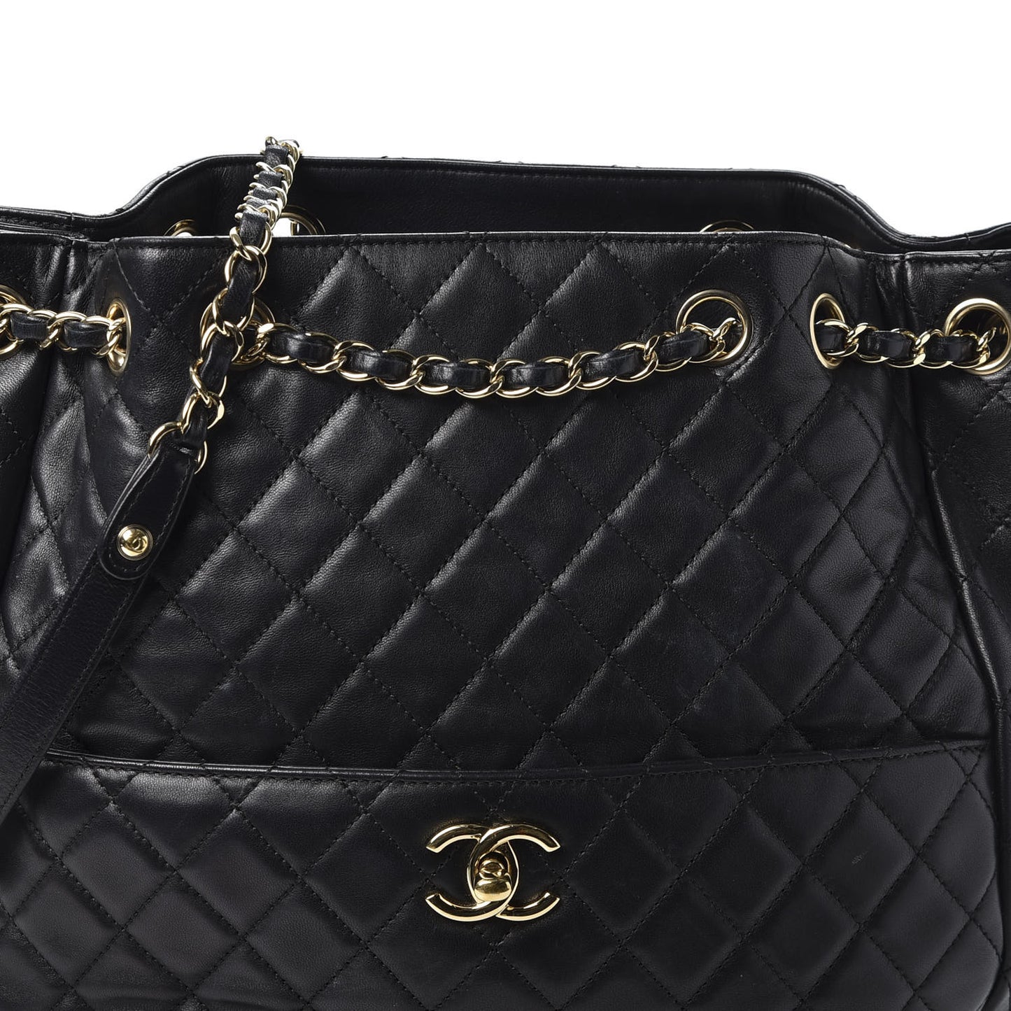 Lambskin Quilted Large Drawstring Bag Black
