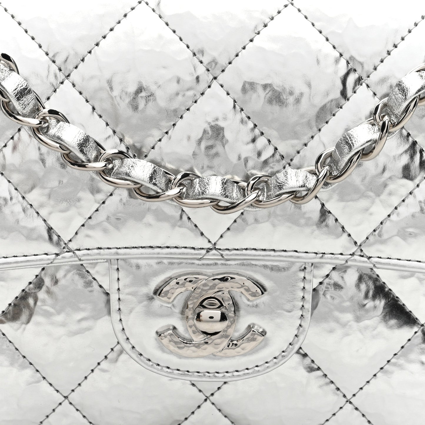 Hammered Metallic Calfskin Quilted Small Double Flap Silver