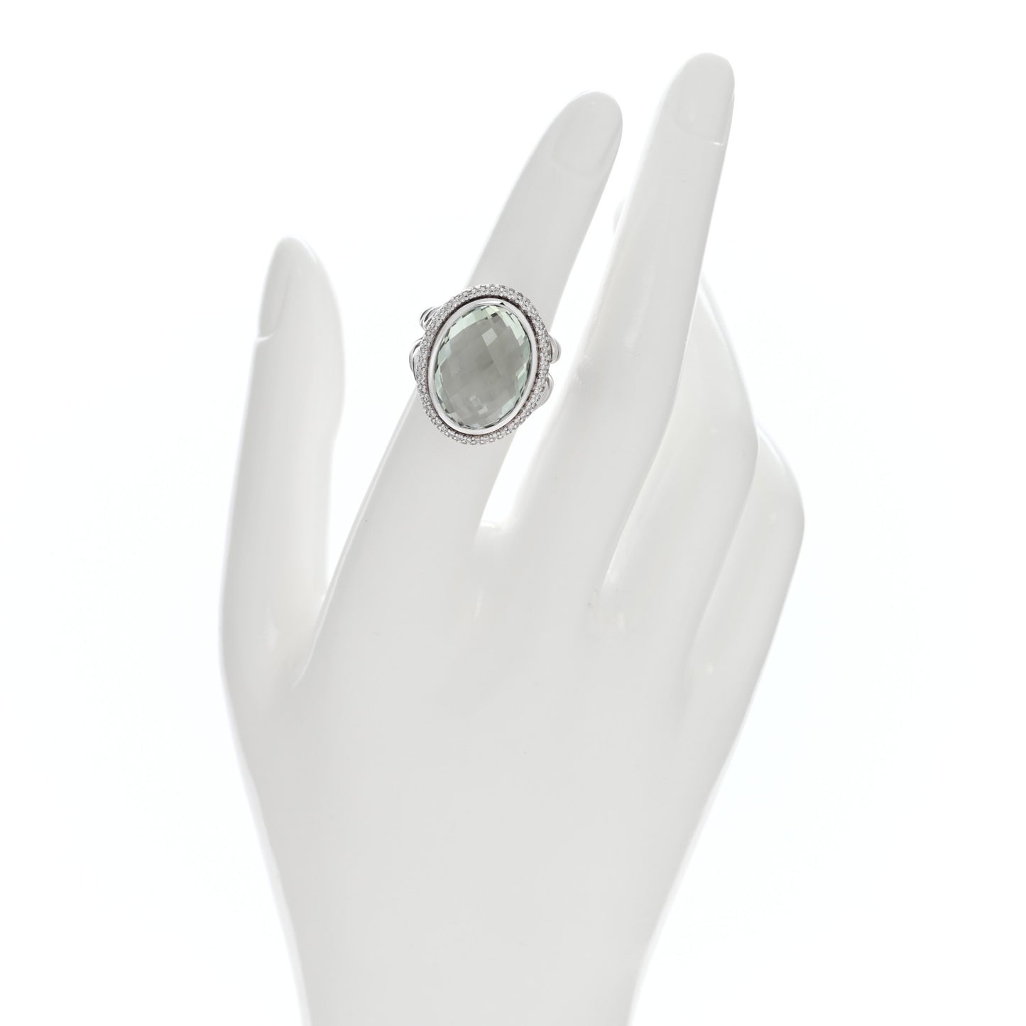 Sterling Silver Diamond Prasiolite 18mm Signature Oval Ring 52 6