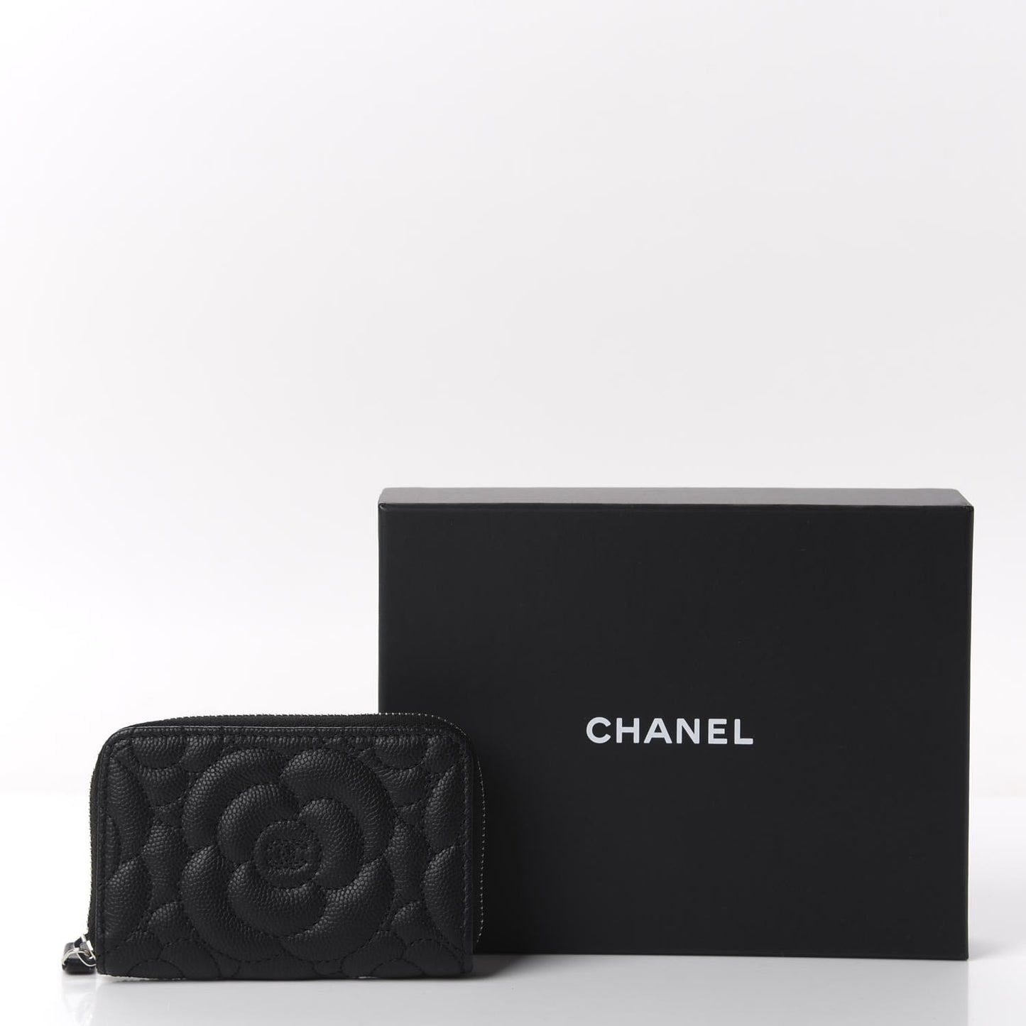 Caviar Camellia Embossed Zip Coin Purse Black