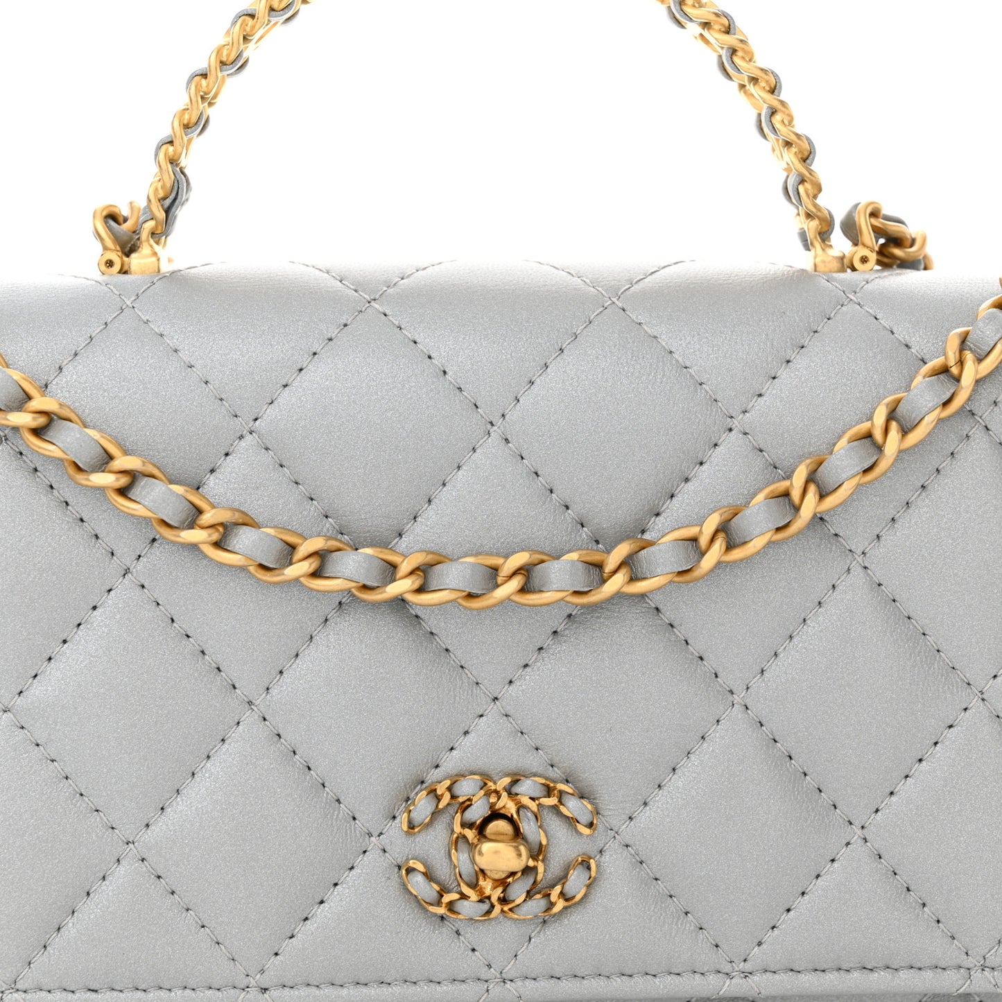Metallic Lambskin Quilted Crystal Top Handle Rectangular Flap Silver
