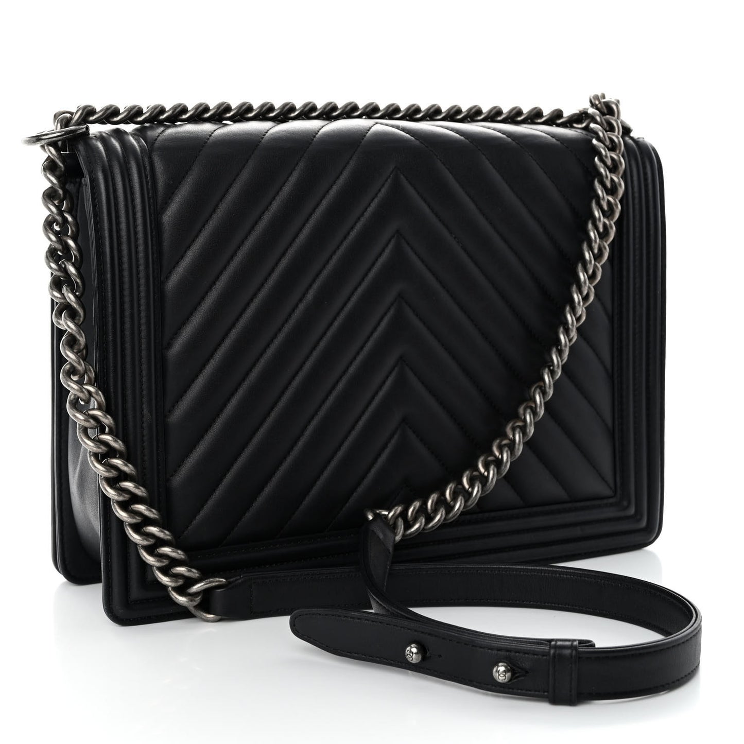 Calfskin Chevron Quilted Large Boy Flap Black