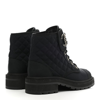 Chanel Fabric Grosgrain Quilted Cap Toe Lace Up Combat Boots 38 Black 4 of 8