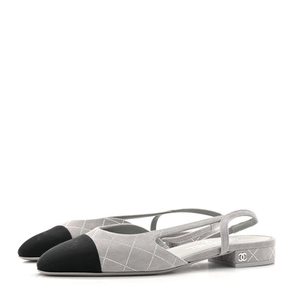 Chanel Suede Crystal Grosgrain Cap Toe CC Slingback Flats 36.5 Gray Silver Black 4 of 10