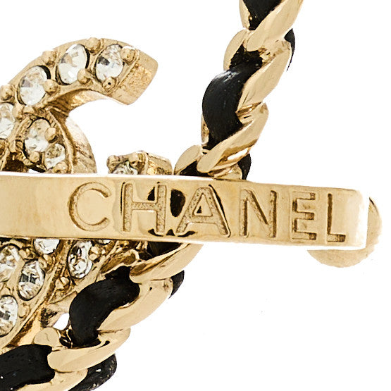 Metal Crystal Lambskin CC Chain Hoop Earrings Gold Black