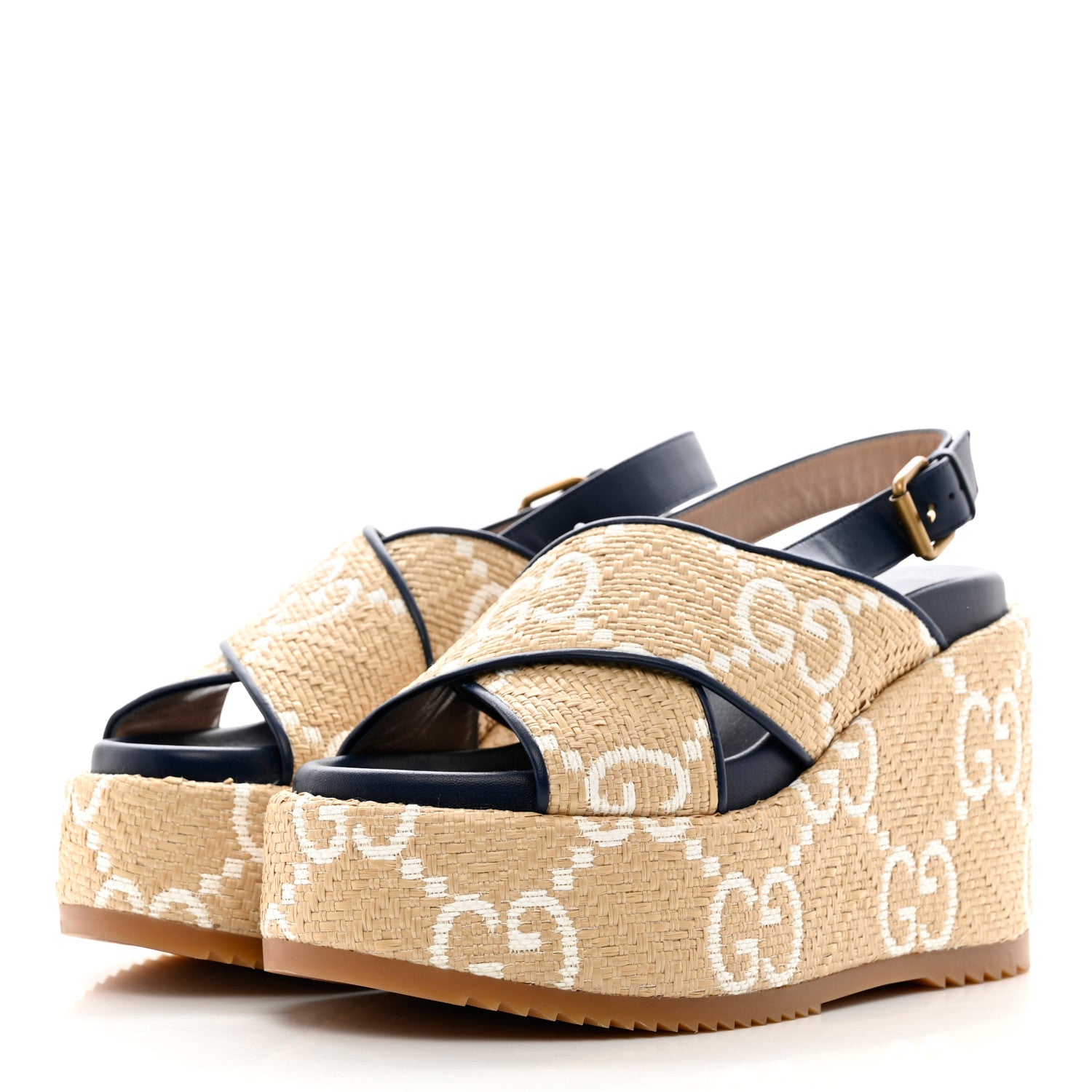 Gucci Raffia Nappa GG Monogram Angelina Platform Slingback Sandals 39.5 Natural Great White Blue Agata 3 of 11