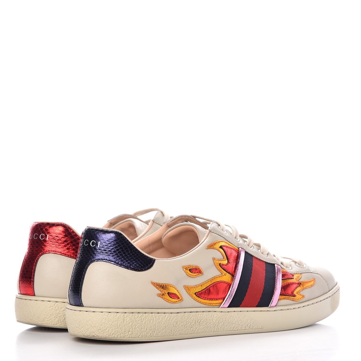 Gucci Calfskin Ayers Web Flames Embroidered Mens Ace Sneakers 9 Off White 4 of 12