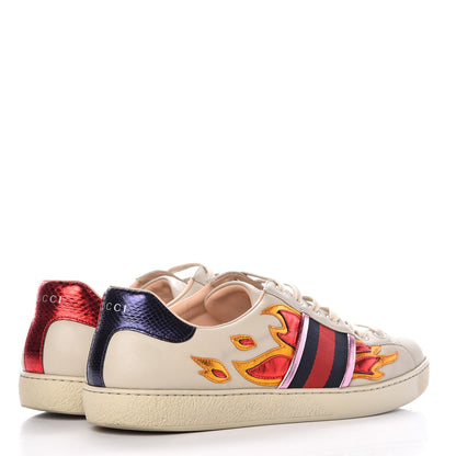 Gucci Calfskin Ayers Web Flames Embroidered Mens Ace Sneakers 9 Off White 4 of 12