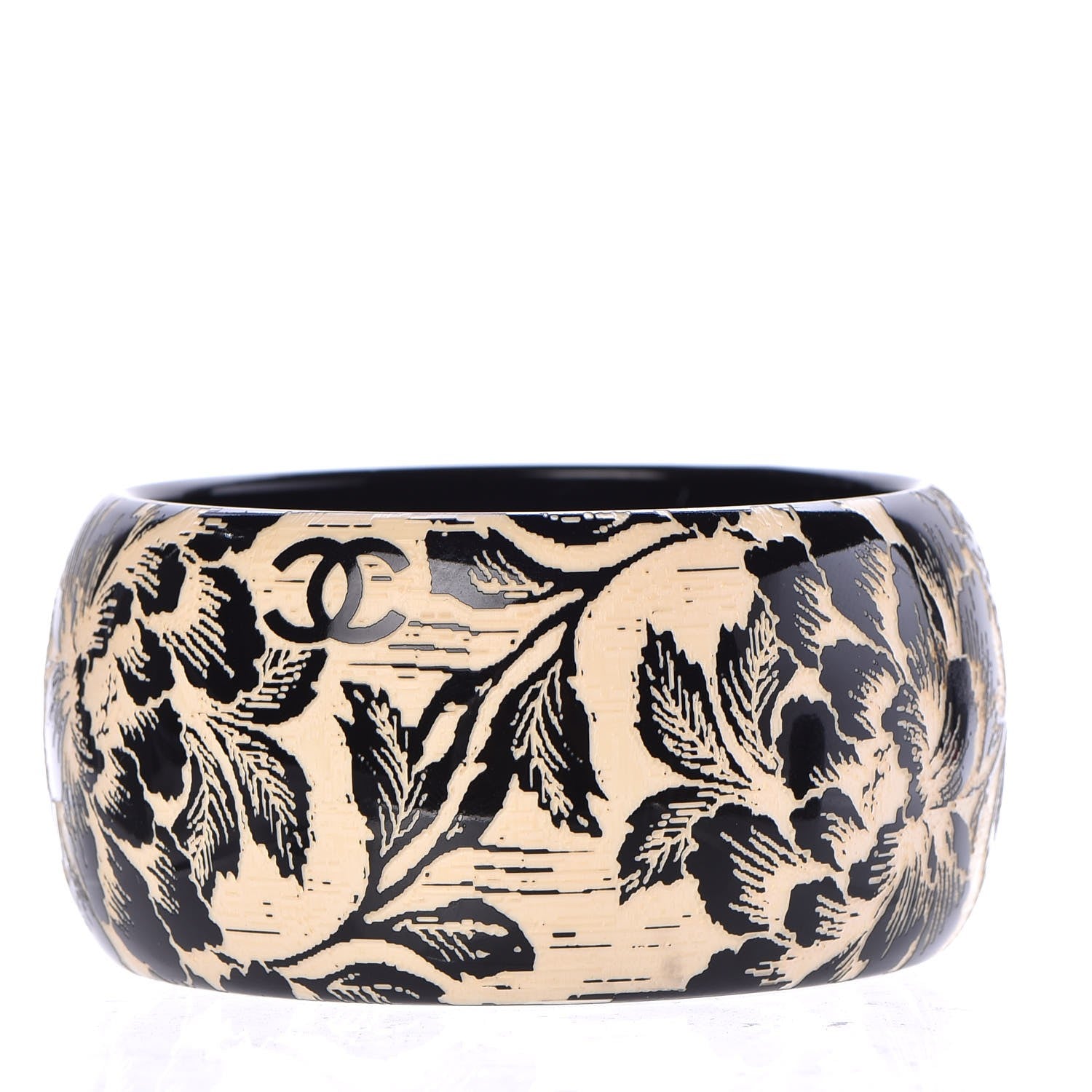 Chanel Resin Laser Etched Floral Bangle Black Cream 3 of 4