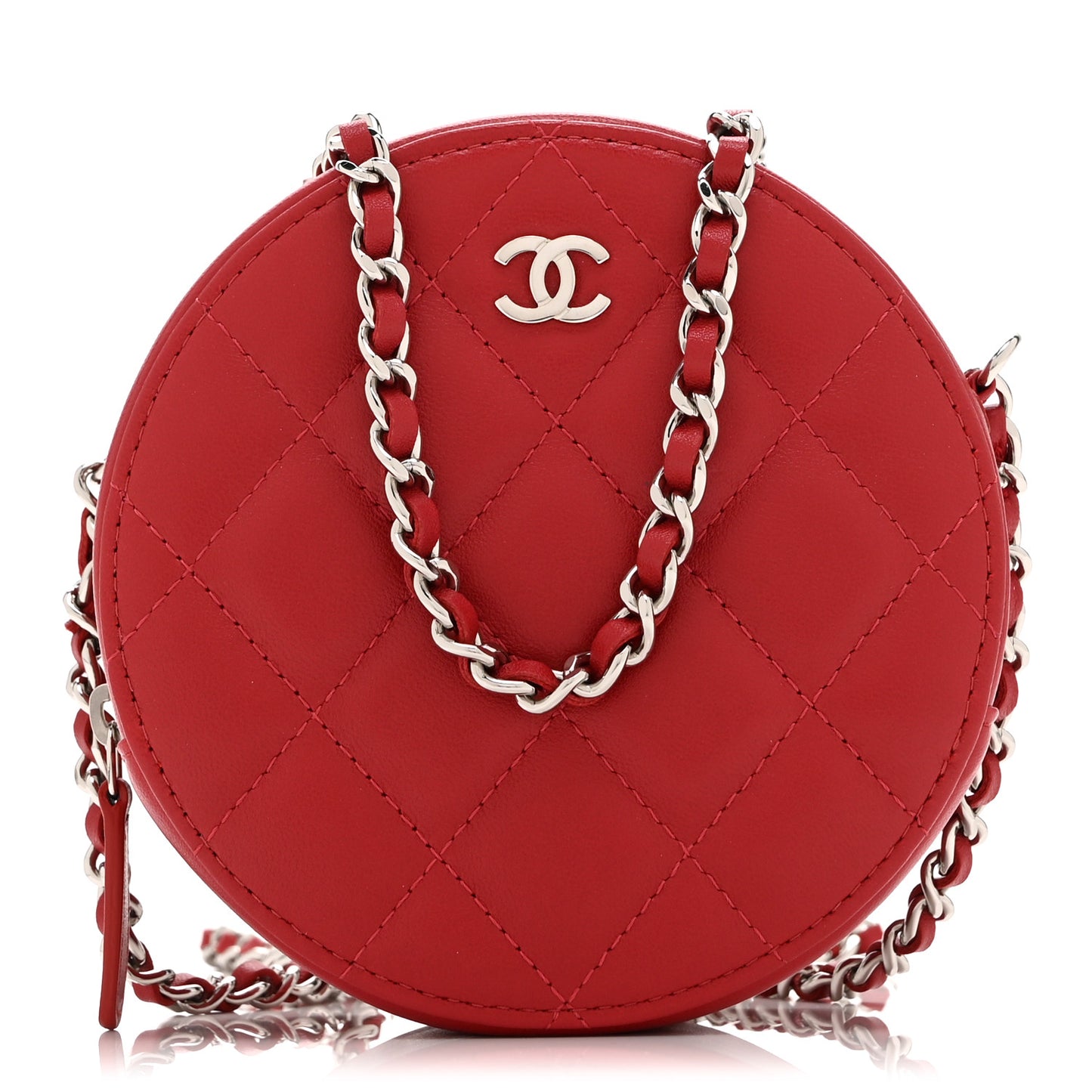 Lambskin Quilted Round Clutch With Chain Red