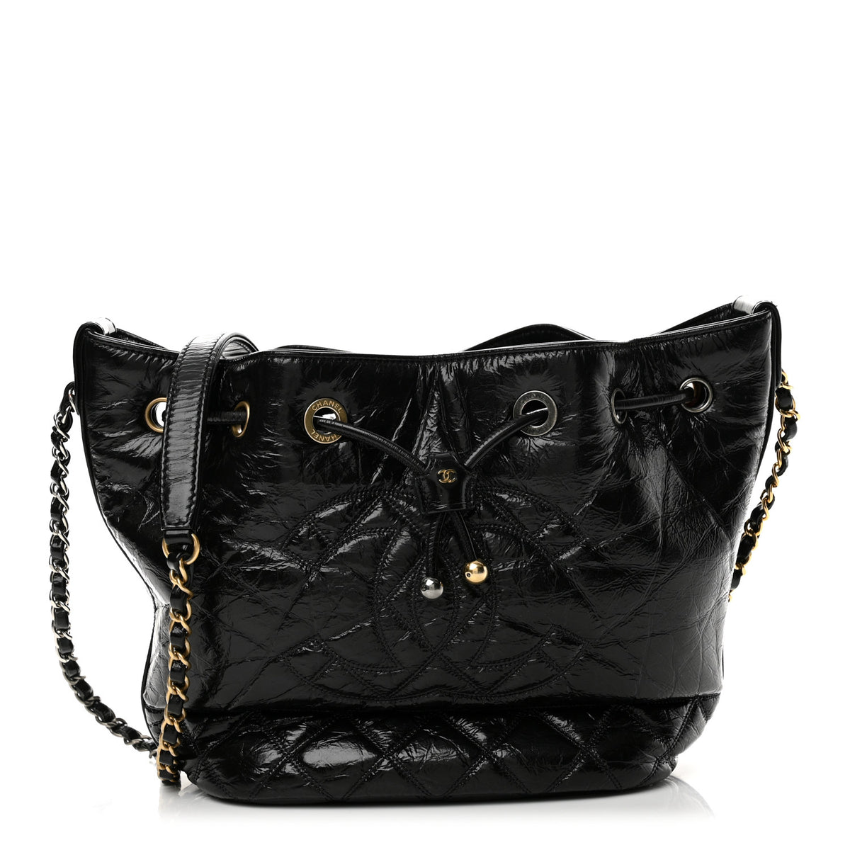 Shiny Aged Calfskin CC Chain Drawstring Bag Black