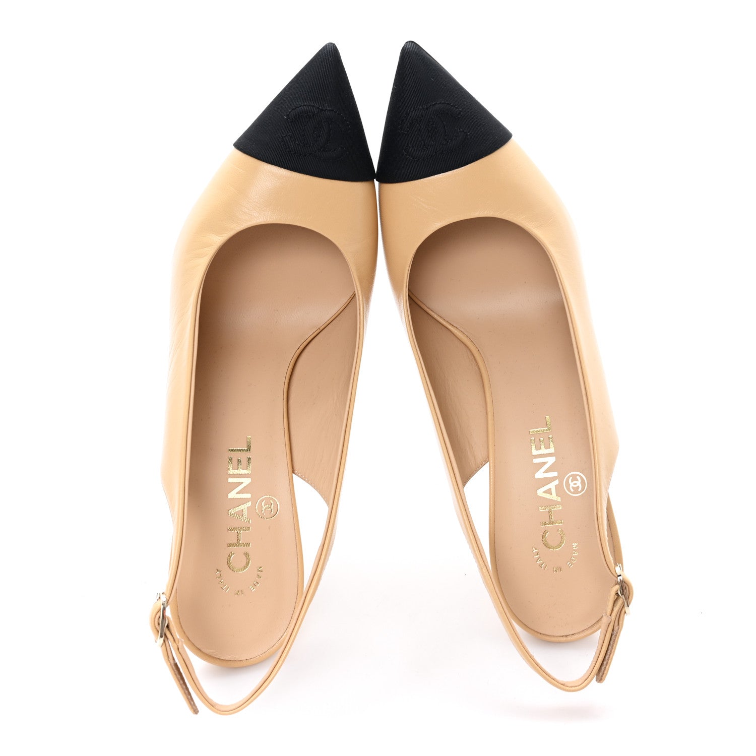Chanel Goatskin Grosgrain Pointed Cap Toe CC Slingback Pumps 39 Beige Black 2 of 10