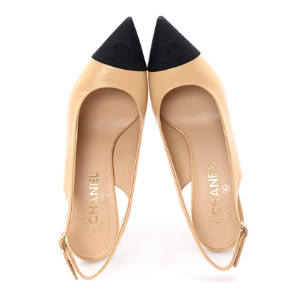 Chanel Goatskin Grosgrain Pointed Cap Toe CC Slingback Pumps 39 Beige Black 2 of 10