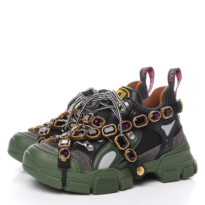 Gucci X SEGA Mesh Suede Calfskin Removable Crystals Flashtrek Sneakers 36 Loess Black Olive Green 3 of 9