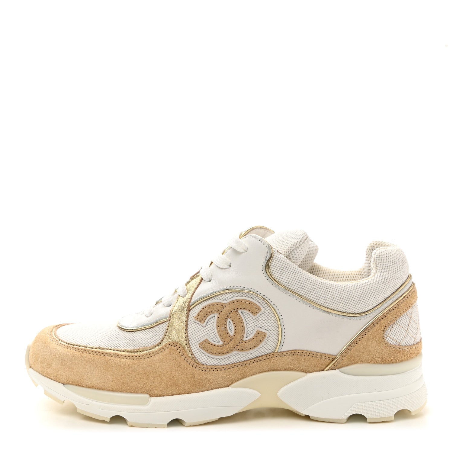 Chanel Suede Calfskin CC Sneakers 37.5 Beige Gold 1 of 8