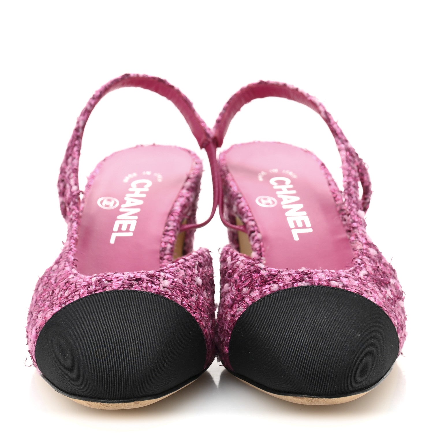 Chanel Metallic Tweed Grosgrain Cap Toe CC Slingback Pumps 36 Pink Black 38.5 Pink Black 3 of 9