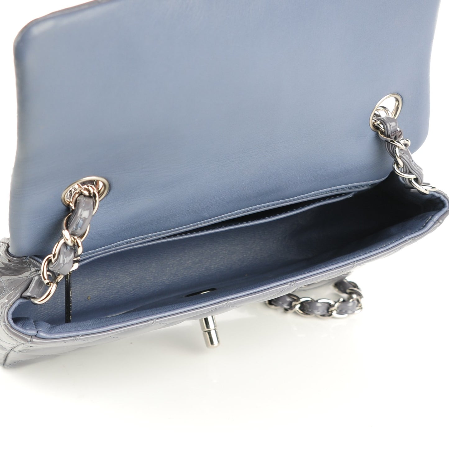 Patent Calfskin Quilted Mini Rectangular Flap Grey