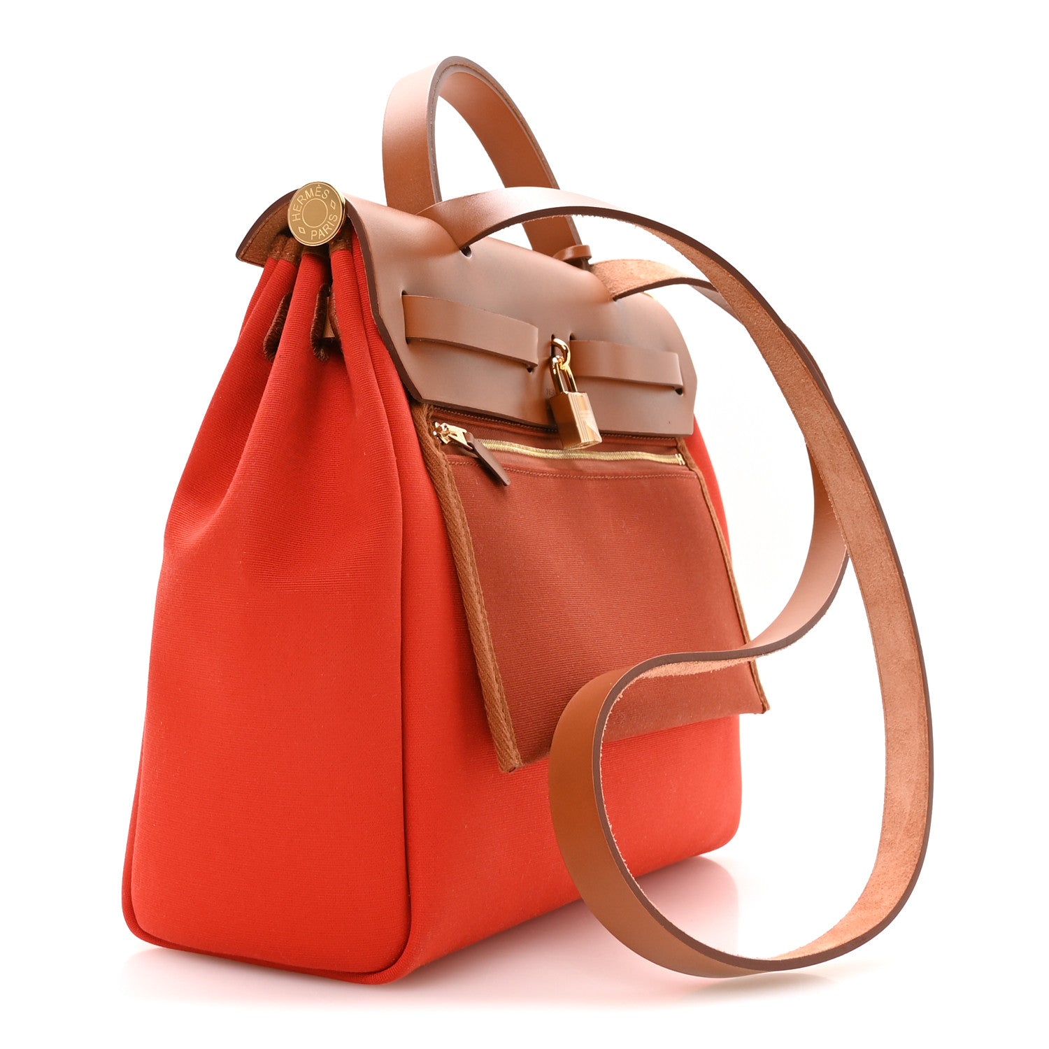 Hermes Vache Hunter Toile Herbag Zip Retourne 31 PM Orange Mecano Fauve 4 of 12