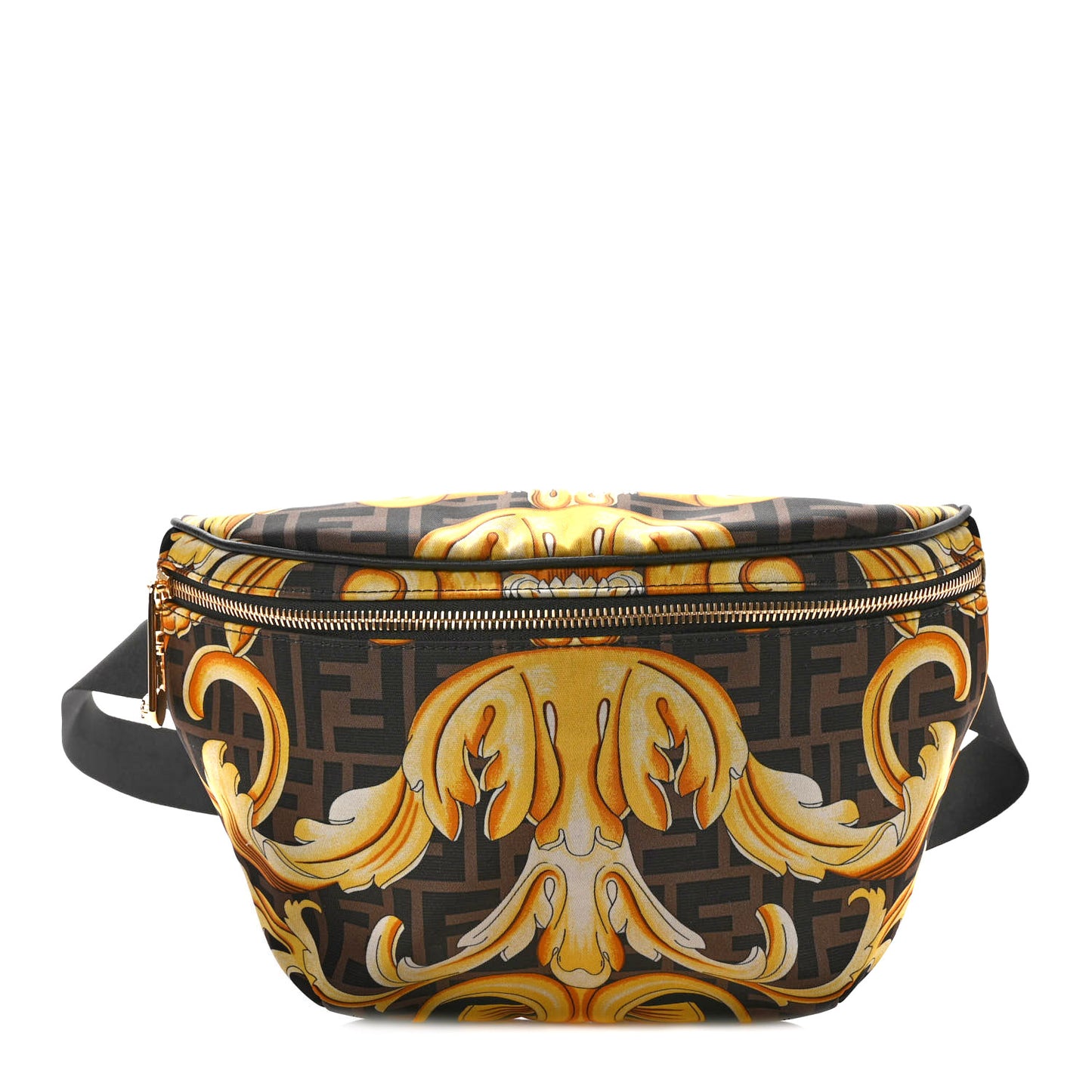 X VERSACE Nylon Cuoio Romano Fendace FF Baroque Belt Bag Black Gold