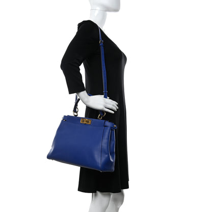 Fendi Vitello Morgan Fabric Jacquard Pequin Medium Peekaboo Iconic Satchel Blue Neon Tobacco 2 of 13