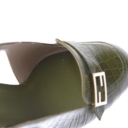 Fendi Calfskin Crocodile Embossed Promenade Slingback Loafer Pumps 38.5 Military Green 11 of 12