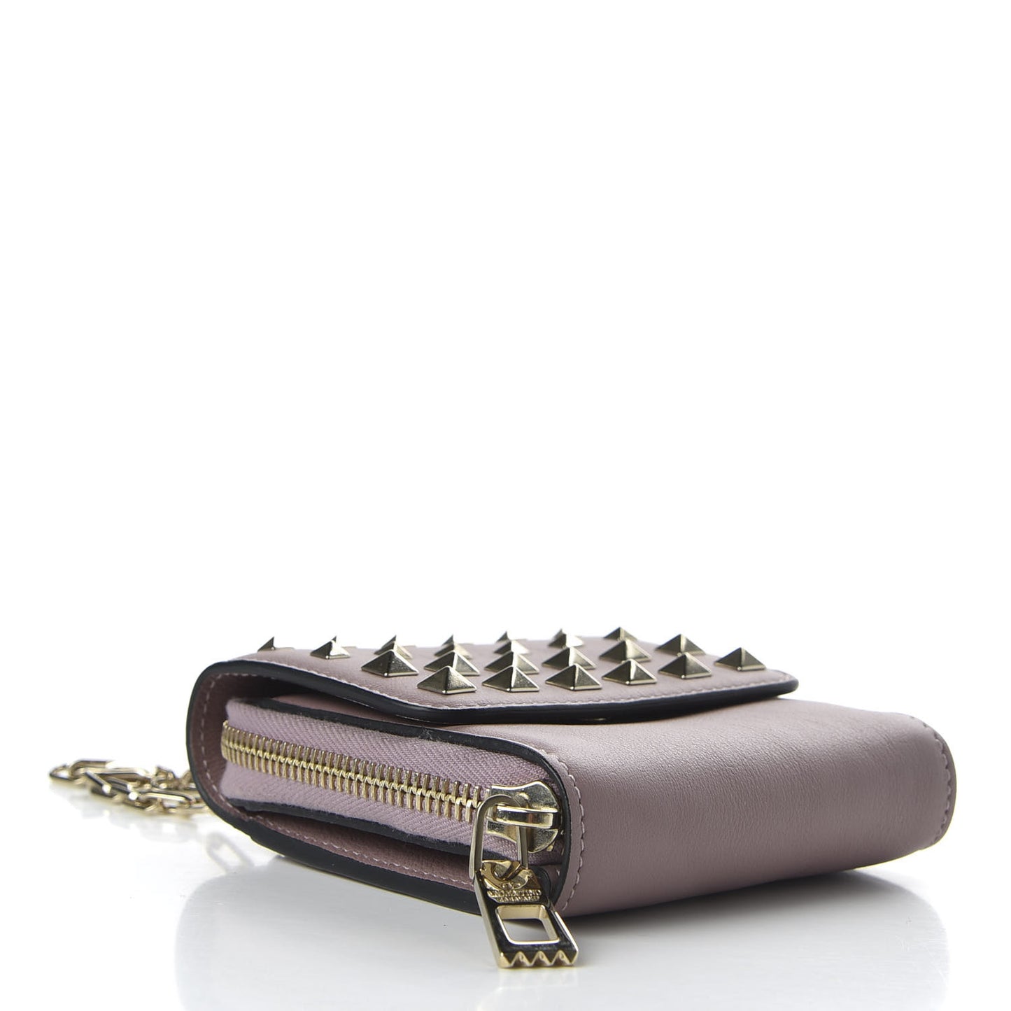 Calfskin Rockstud Carry Secrets Compact Wallet With Chain Lipstick