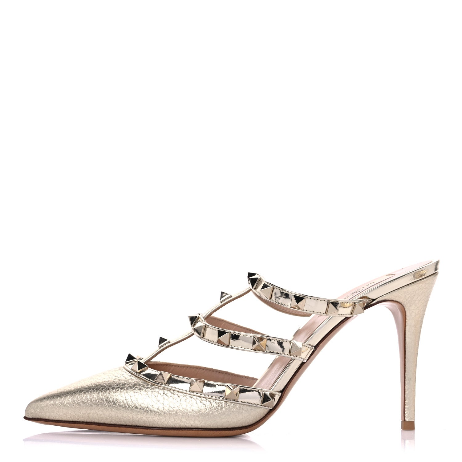 Valentino Garavani Metallic Pebbled Calfskin Rockstud 90mm Cage Mules 40 Platino 1 of 9