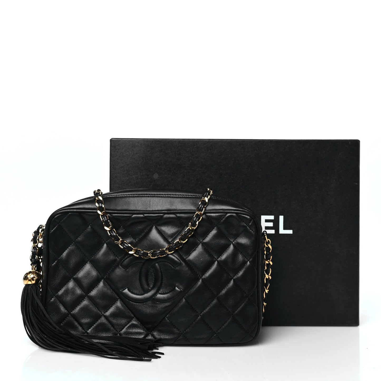 Lambskin Quilted Tassel Camera Case Black