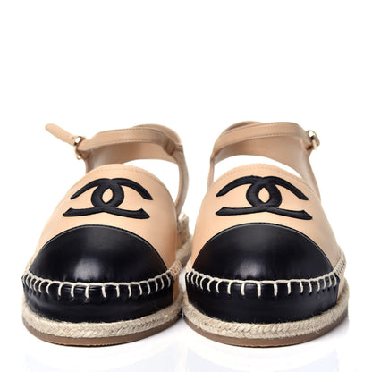 Chanel Lambskin Cap Toe CC Espadrille Sandals 40 Beige Black 2 of 10