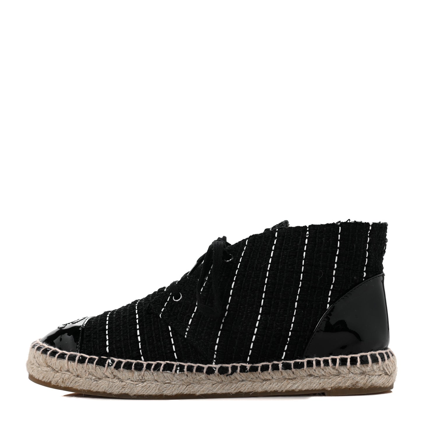 Tweed Calfskin Patent CC Lace Up Espadrilles 38 Black