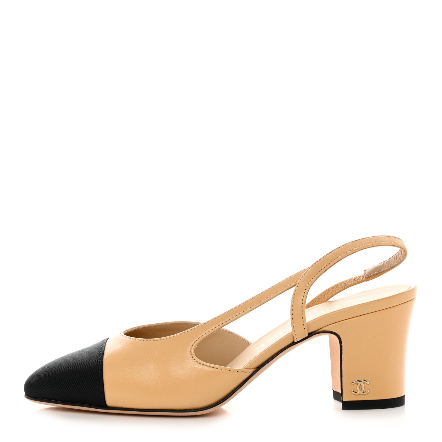 Goatskin Grosgrain Cap Toe CC Slingback Pumps 35.5 Beige Black