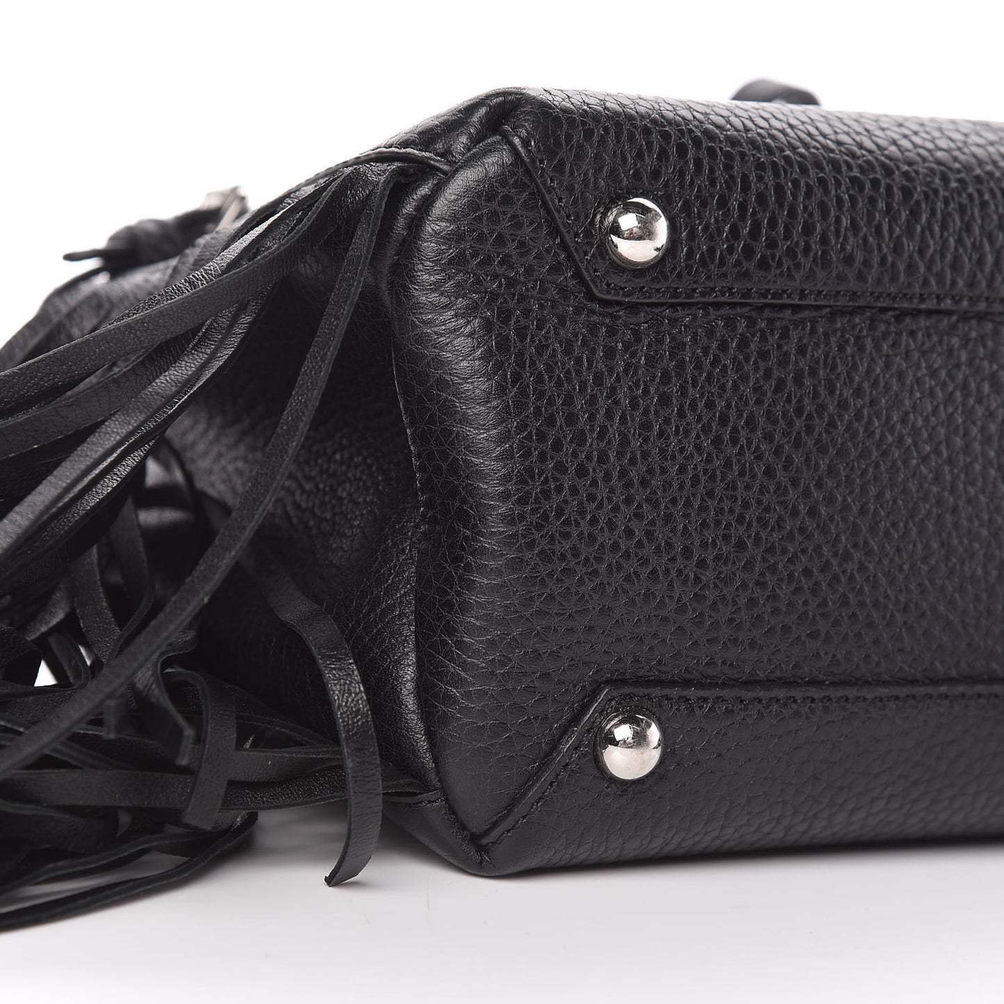 Grainy Calfskin Studded Fringe Baby Banner Tote Black