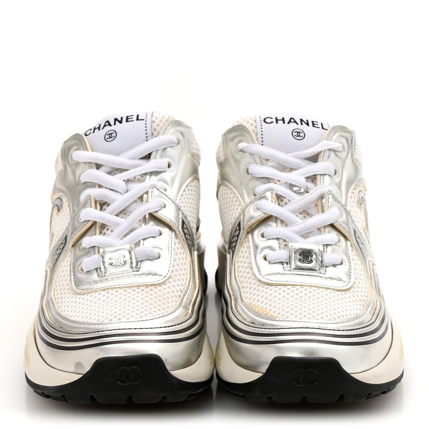 Fabric Laminated Calfskin Stretch CC Sneakers 37 White Silver