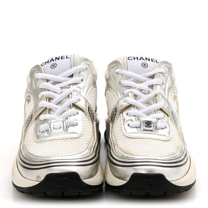 Chanel Fabric Laminated Calfskin Stretch CC Sneakers 37 White Silver 3 of 10