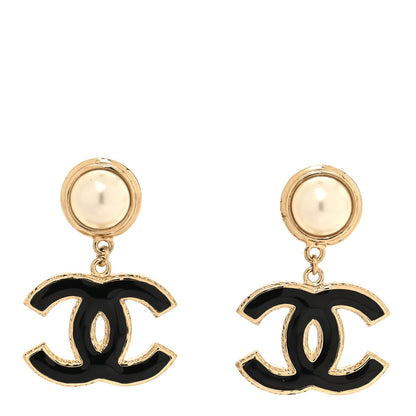 Chanel Pearl Enamel CC Drop Earrings Black 1 of 5