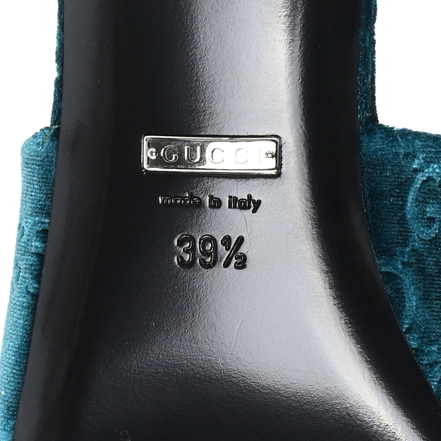 New Velvet Ashmir Regent Calfskin GG Monogram Square Toe Bow 45mm Slide Sandals Peacock Blue 39.5