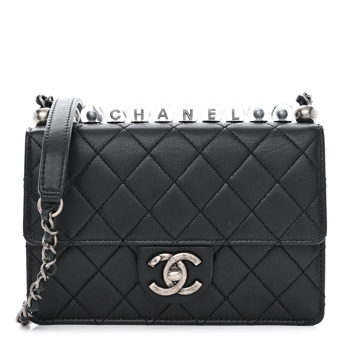 Goatskin Quilted Logo Small Chic Flap Black