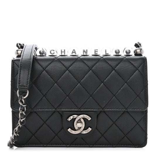 Goatskin Quilted Logo Small Chic Flap Black