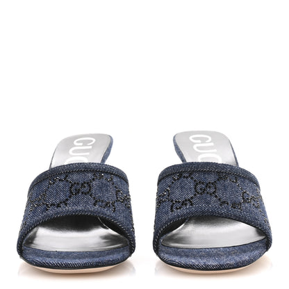 Gucci Denim Crystal GG Monogram Mules 38.5 Blue 3 of 9